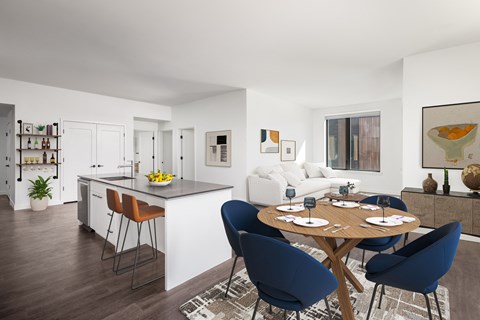 a living and dining area with a table and chairs and a kitchen