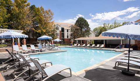 A pool surrounded by lounge chairs and umbrellas.