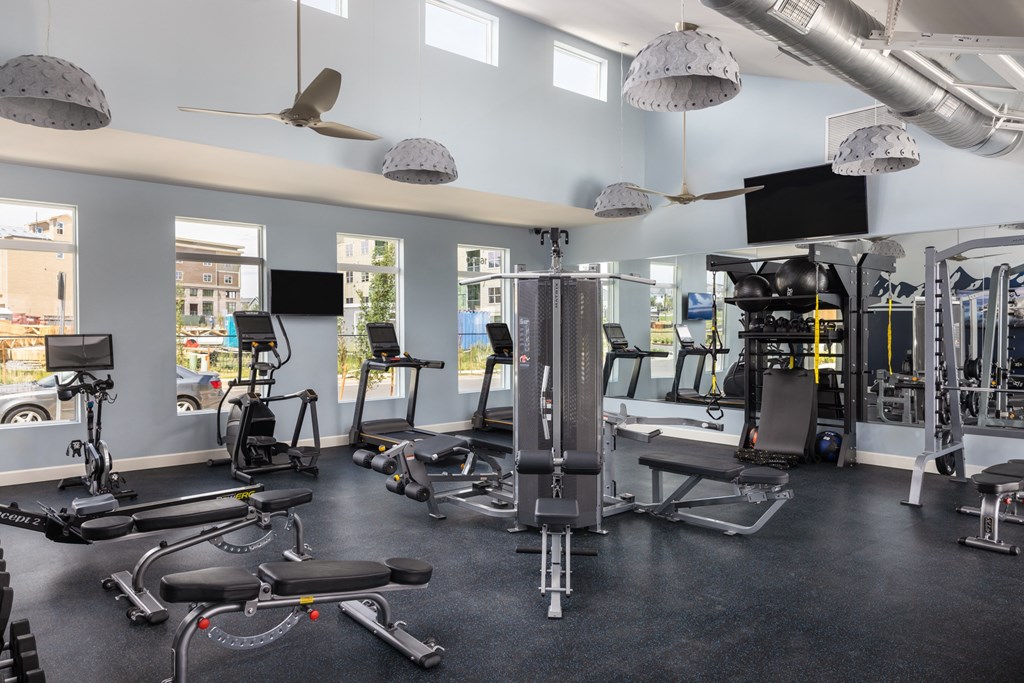 a gym with weights and other exercise equipment and windows