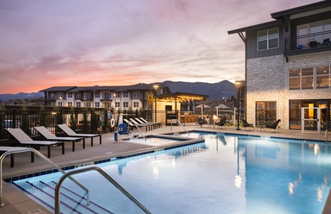 Swimming pool at dusk at The Allaso Peak, Colorado Springs