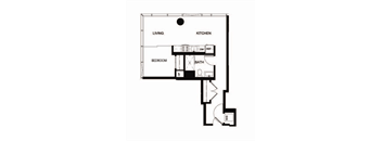 a floor plan of a small house with a bedroom and kitchen