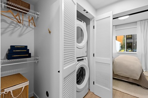 A small laundry room with a washer and dryer built into a wall unit.