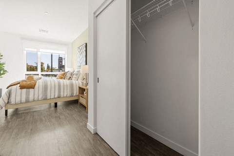 a bedroom with a bed and a closet