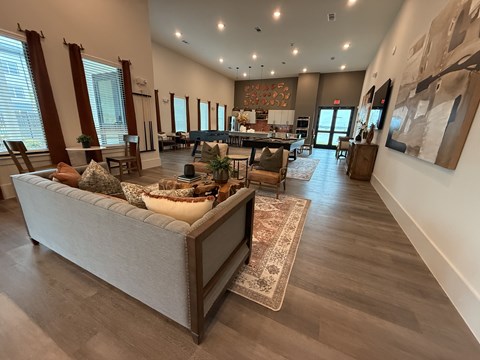 A living room with a large couch and a rug.