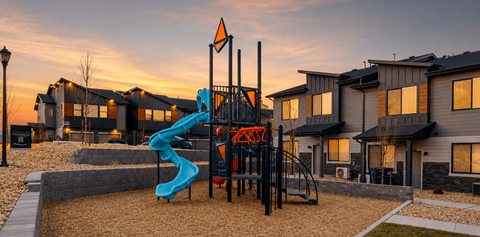 A playground with a blue slide and a red and black structure.