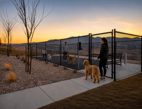 A woman walks her dog in a park at sunset.