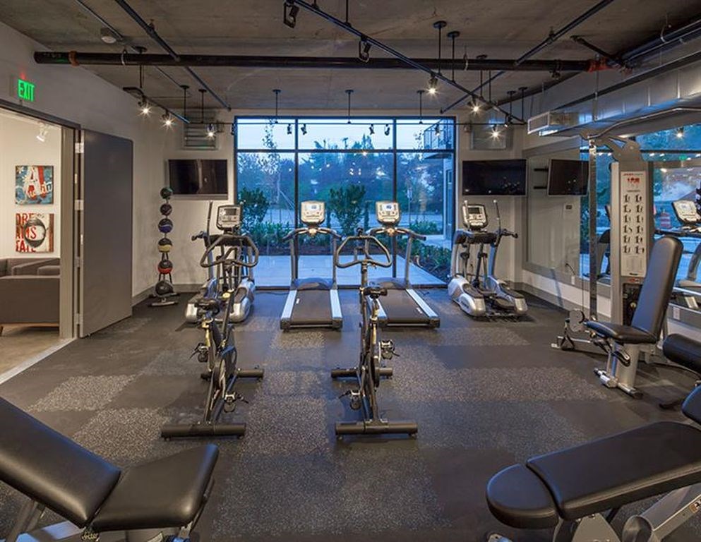 A gym with a row of exercise bikes and a row of bench presses.