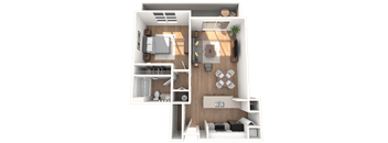 A 3D floor plan of an apartment with a kitchen, living room, and bedroom.