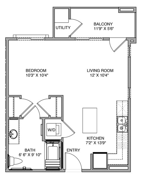 A floor plan of a small apartment with a bedroom, living room, kitchen, bathroom, and utility area.