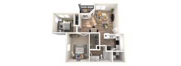 this is a 3d floor plan of a 757 square foot 1 bedroom apartment at the