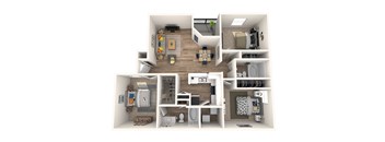 this is a 3d floor plan of a 884 square foot 1 bedroom apartment at the