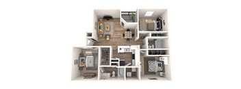 this is a 3d floor plan of a 884 square foot 1 bedroom apartment at the