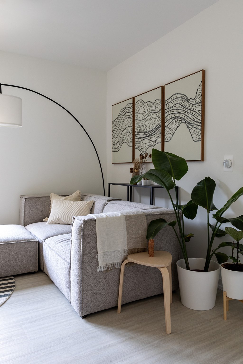 a living room with a couch and plants