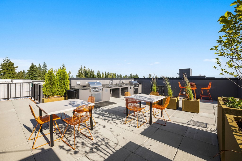a patio with tables and chairs and a grill on a rooftop at Ion Town Center, Shoreline Washington