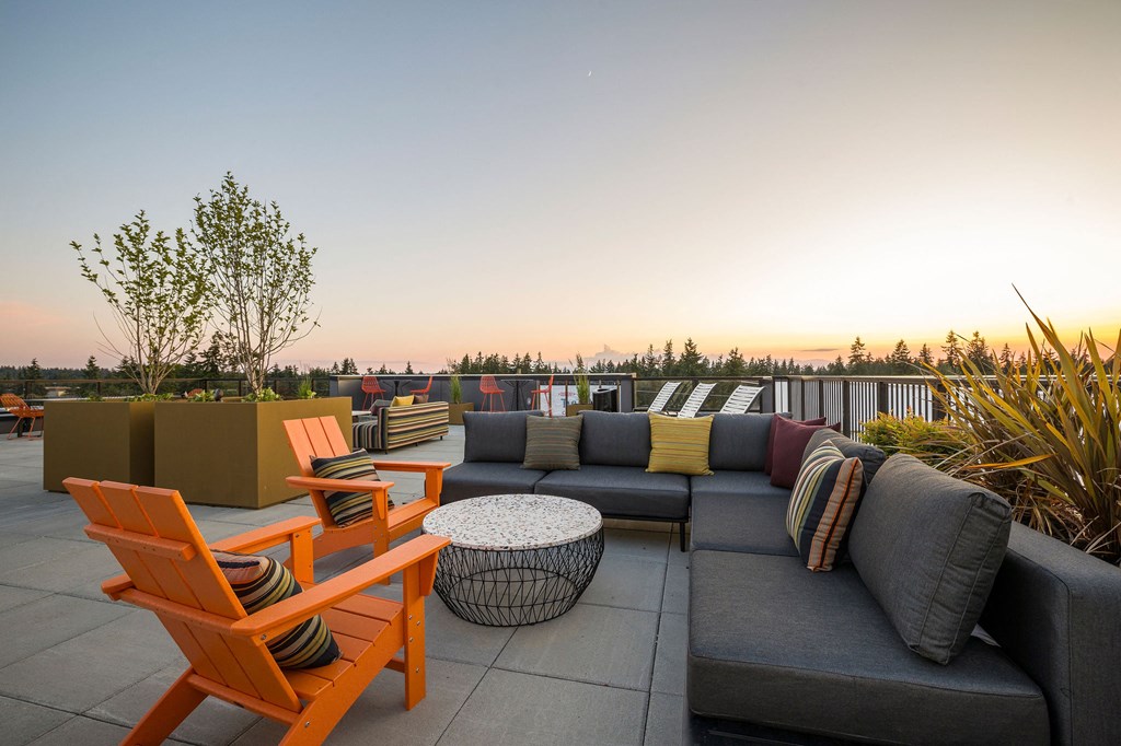a view of the roof deck at sunset at Ion Town Center, Shoreline, 98133
