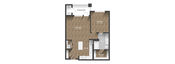 A floor plan of a house with a living area, kitchen, bathroom, and closet.