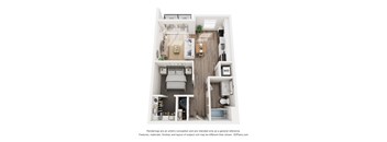 A 3D floor plan of a small apartment with a kitchen, living room, and bathroom.