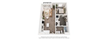 A 3D floor plan of a small apartment with a kitchen, living room, and bedroom.