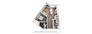 A 3D floor plan of a small apartment with a kitchen, living room, and bathroom.
