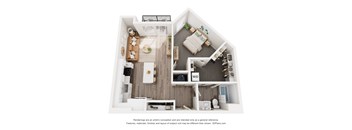 A 3D floor plan of a small apartment with a kitchen, living room, and bathroom.