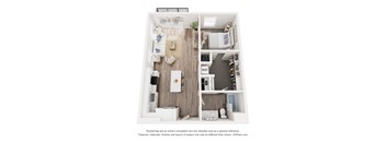 A 3D floor plan of a small apartment with a kitchen, living room, and bedroom.