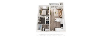 A 3D floor plan of a small apartment with a kitchen, living room, and bathroom.