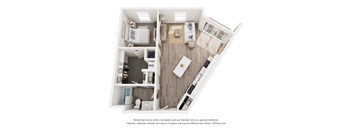 A 3D floor plan of a small apartment with a bedroom and a living room.