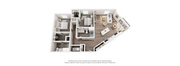 A 3D floor plan of a house with a kitchen, living room, and two bedrooms.