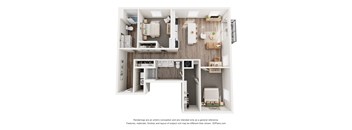 A 3D floor plan of a small apartment with a kitchen, living room, and bathroom.