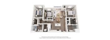 A 3D floor plan of a house with a kitchen, living room, and two bedrooms.