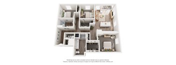 A 3D floor plan of a house with multiple rooms.
