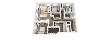 A 3D floor plan of a house with a kitchen, living room, and bedrooms.