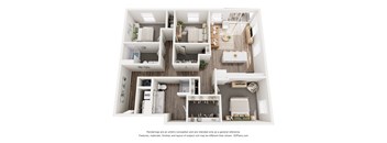 A 3D floor plan of a small apartment with a kitchen, living room, and bedrooms.