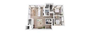 A top-down view of a modern apartment layout with a living room, kitchen, and bedrooms.