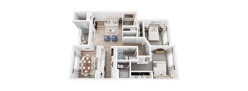 A top-down view of a modern apartment layout.