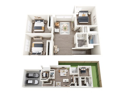 a 3d floor plan of a house with bedrooms and a living room