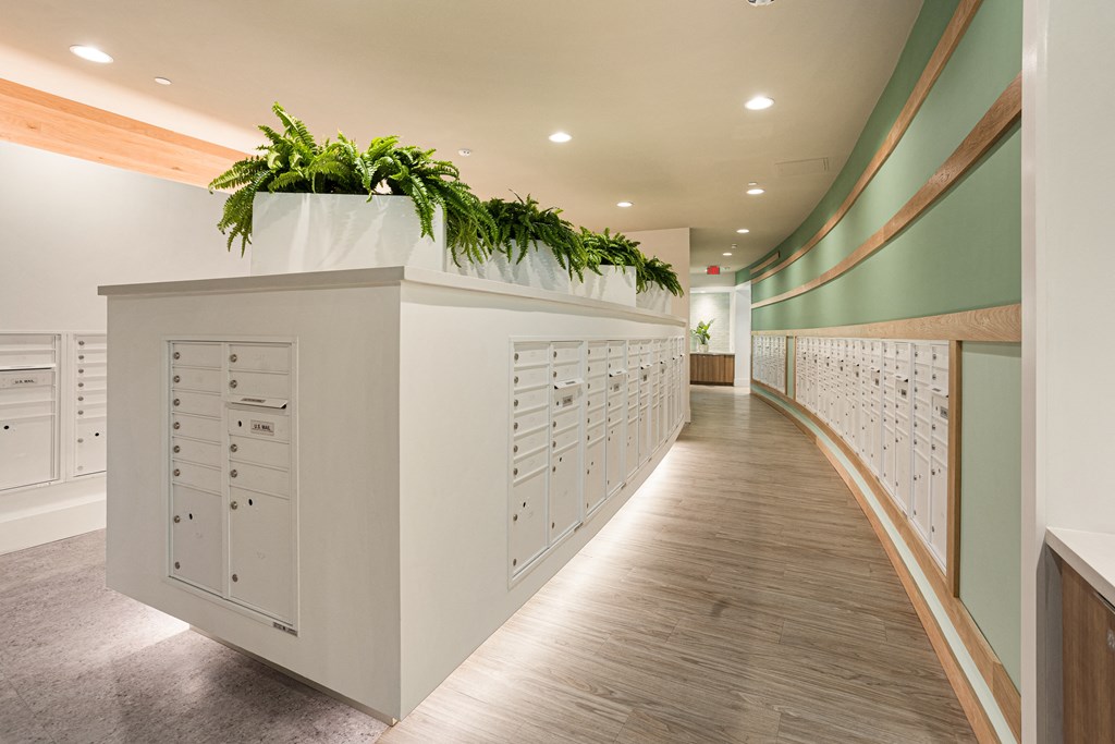 a long white counter with mailboxes and plants on top