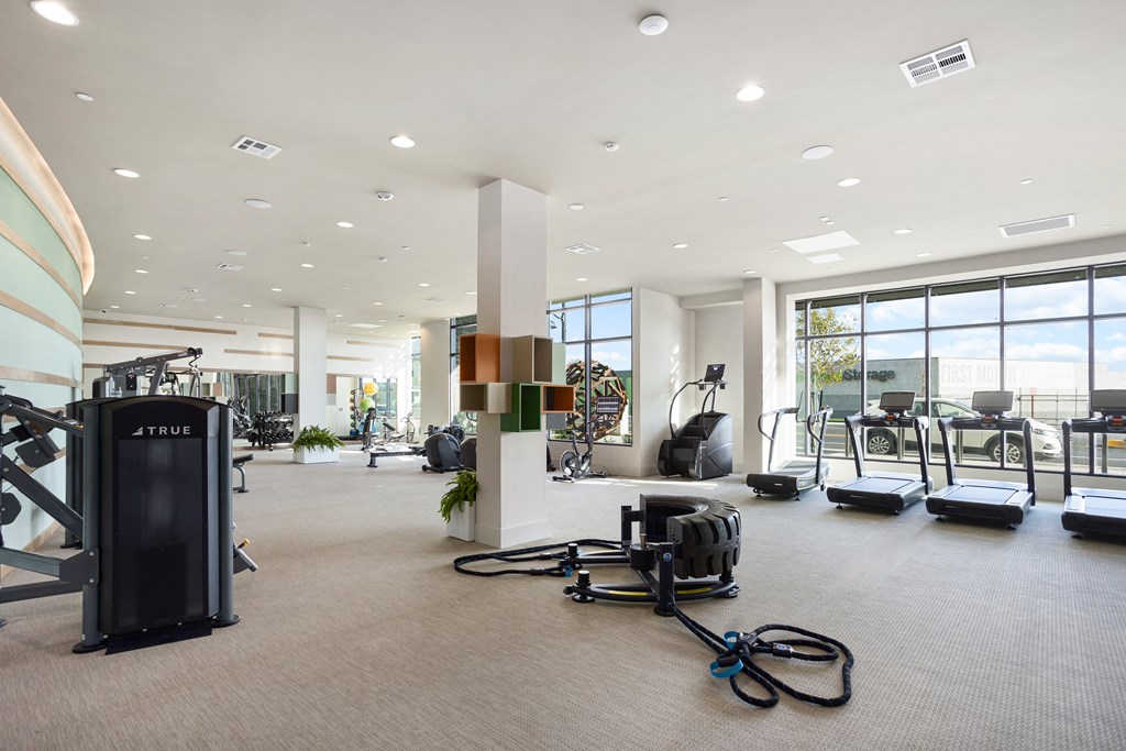 a gym with weights and cardio equipment in a building with large windows