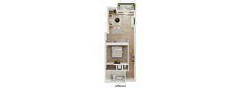 A floor plan of a Jeferson apartment with two bedrooms, a living room, a kitchen, and a bathroom.