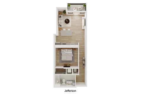 A floor plan of a Jeferson apartment with two bedrooms, a living room, a kitchen, and a bathroom.