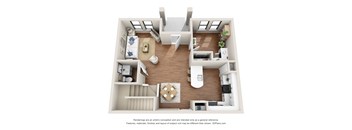 A 3D floor plan of a house with a kitchen, living room, and bedrooms.