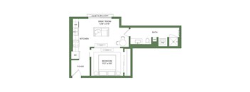 A floor plan of a Juliette Balcony apartment with a Great Room, Kitchen, Bath, Bedroom, and Foyer.