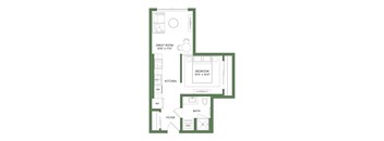 A floor plan of a small apartment with a kitchen, bathroom, and two bedrooms.