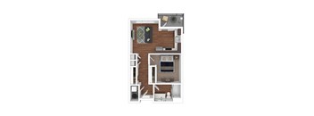 A top-down view of a small apartment with a kitchen, living room, and bathroom.