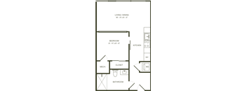 A floor plan of a small apartment with a bedroom, bathroom, kitchen, and closet.