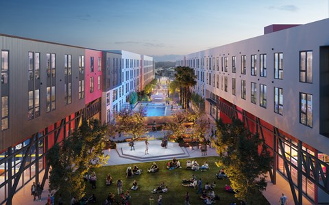 A modern building with a courtyard in the center.