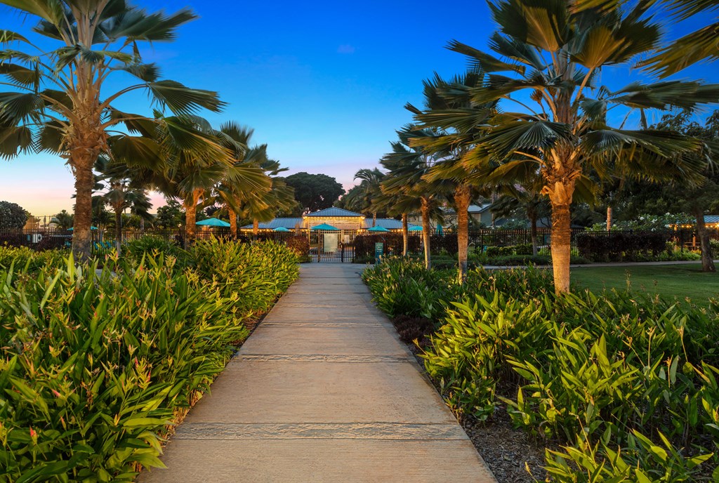twilight shot of walking path up to pool, lush greenery on each side of path.