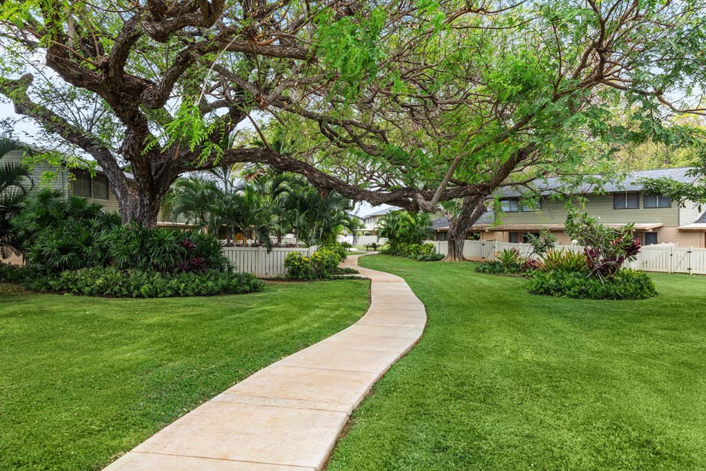 walking path through community. Grass and trees surrounding.