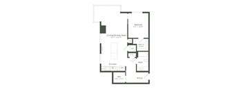 A floor plan of a house with a living room, kitchen, bathroom, and bedroom.