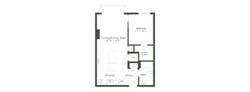 A floor plan of a house with a living room, dining room, kitchen, bathroom, and bedroom.